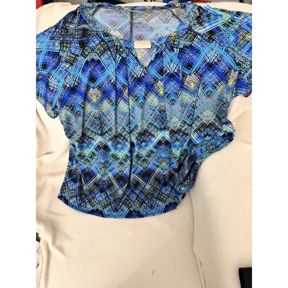 Avenue Blouse Womens 26/28 Blue Geometric Abstract Top Keyhole Gold Bar Plus